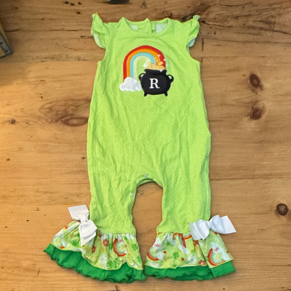 Ricrac & Ruffles | St. Patrick’s Day Monogram “R” Girls Romper | 18 Months